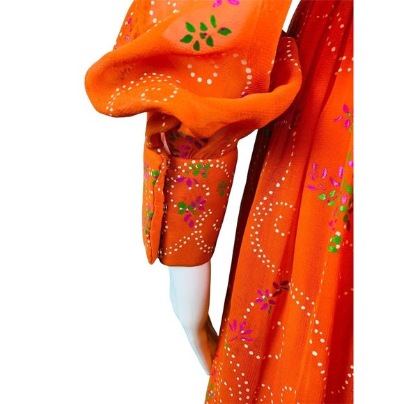 Vintage 1960s Cocktail Dress Orange Sheer Sleeves Hand Painted Floral Dolly - Picture 8 of 10